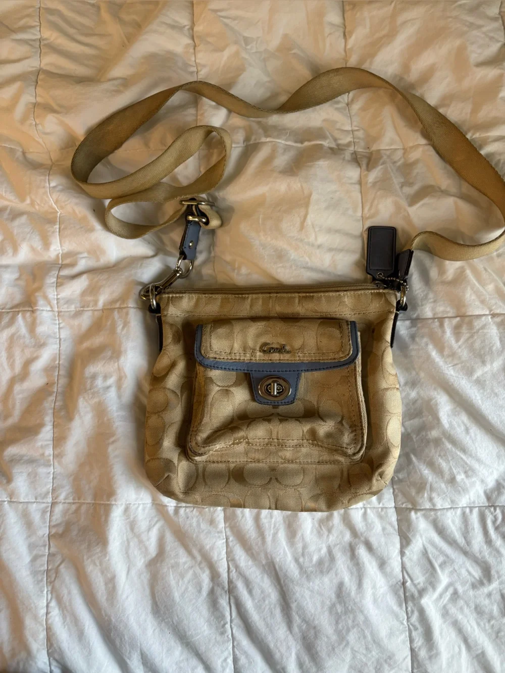 Coach Beige Signature Messenger Bag with Dark Trim